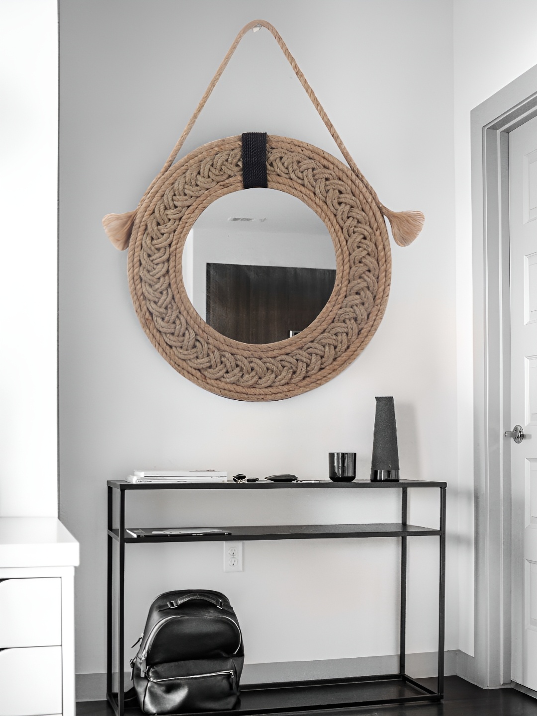 

Creation India Craft Beige & Black Braided Jute Round Wall Mirror, Transparent