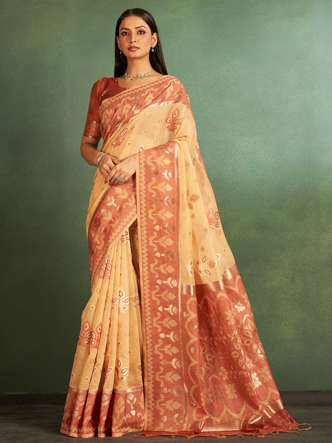 

SARHA Paisley Printed Zari Chanderi Saree, Beige