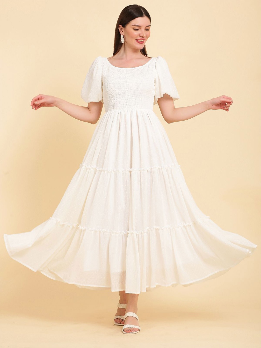 

NOUN Puff Sleeve Georgette Fit & Flare Maxi Dress, White