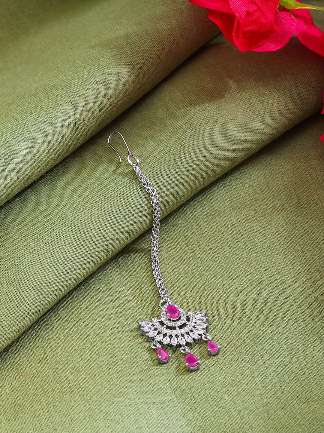 

Yellow Chimes Rhodium-Plated American Diamond Maang Tikka Head Jewellery, Silver