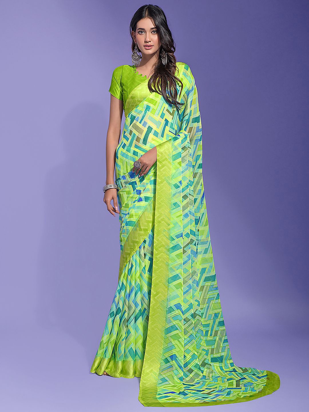 

Mitera Poly Chiffon Block Print Saree, Green