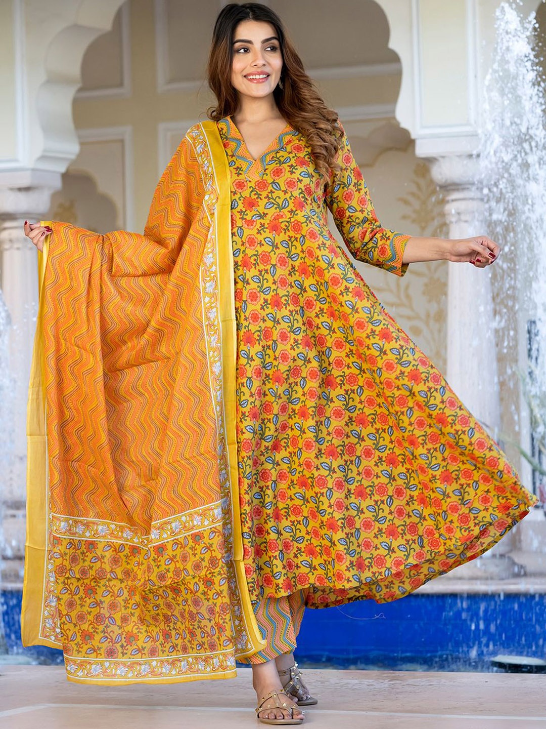 

KALINI Women Floral Printed Regular Pure Cotton Kurta with Trousers & With Dupatta, Yellow