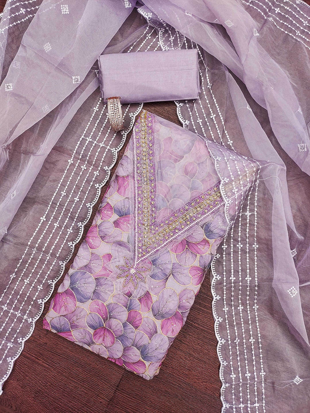 

SAINOOR Embroidered Organza Semi-Stitched Dress Material, Lavender
