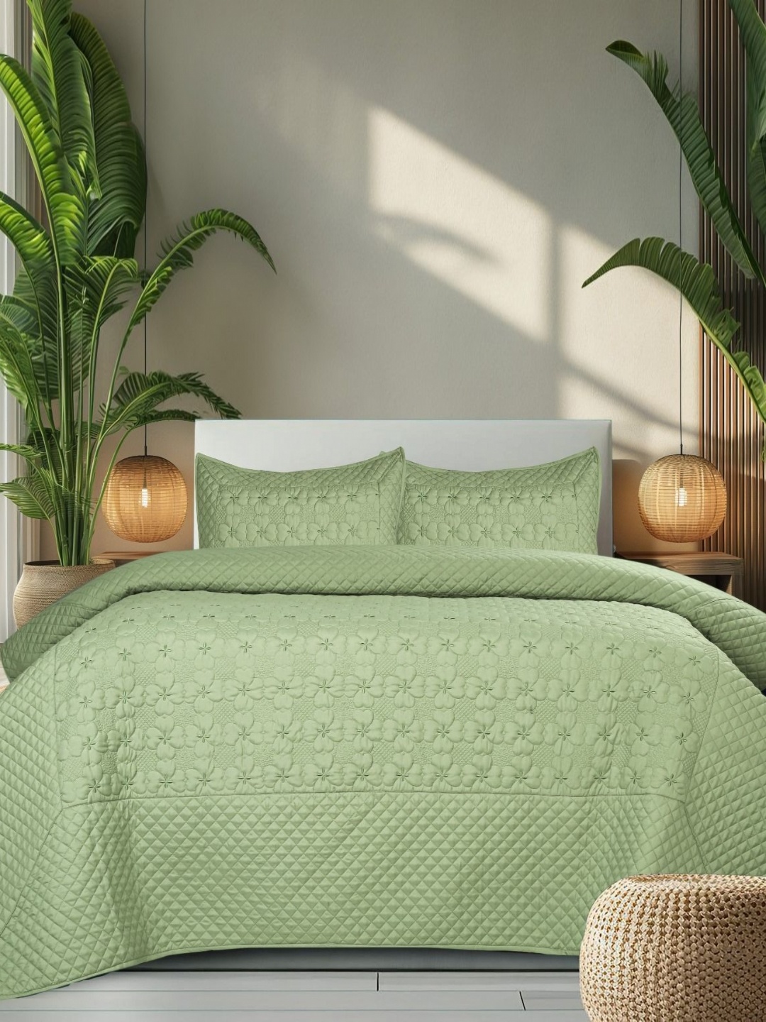 

Aura Green Floral Textured Cotton King Size Bed Covers Set 2.74 m x 2.74 m