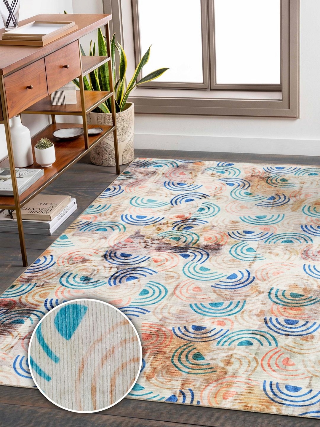 

Kaleen India Teal & Cream Geometric Printed Anti-Skid Washable Carpet