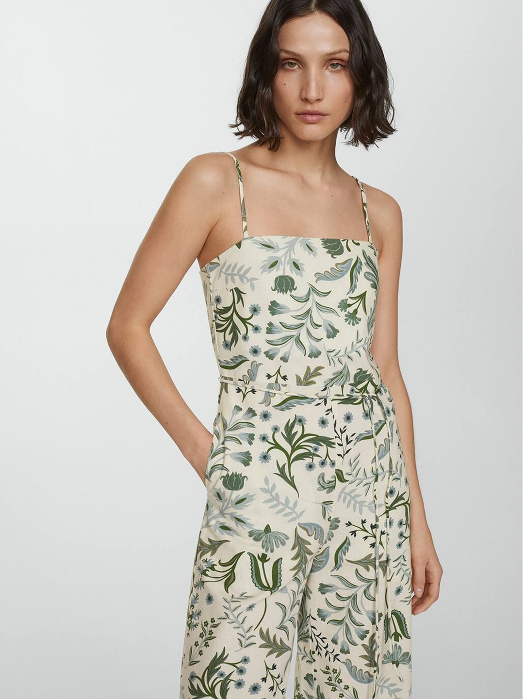 

MANGO Shoulder Straps Printed Basic Jumpsuit, Beige