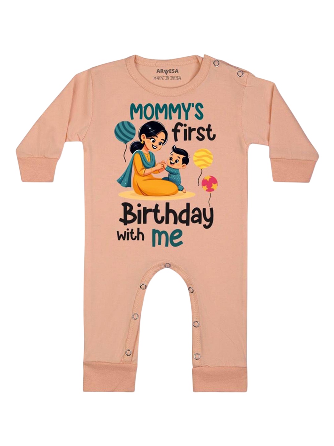 

Arvesa Kids Mommy First Birthday With Me Printed Baby Romper, Peach