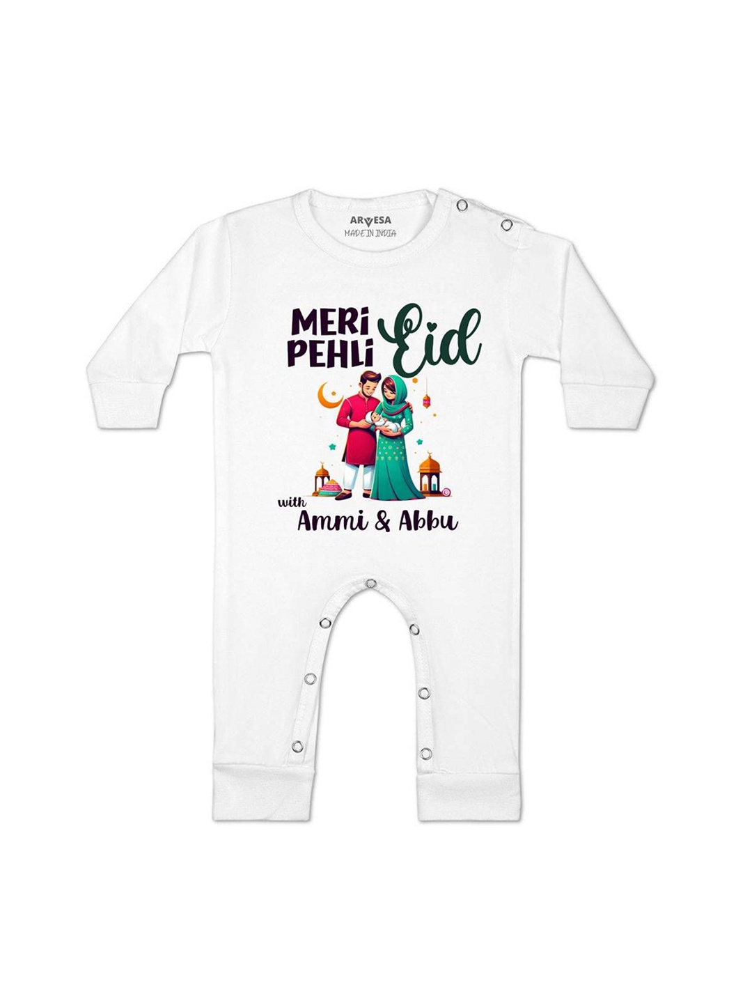 

Arvesa Kids Meri Pehli Eid With Ammi & Abbu Printed Bodysuit, White