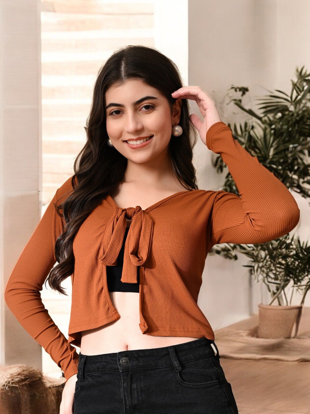 

Arbiter Collection Tie-Up Neck Studded Top, Brown
