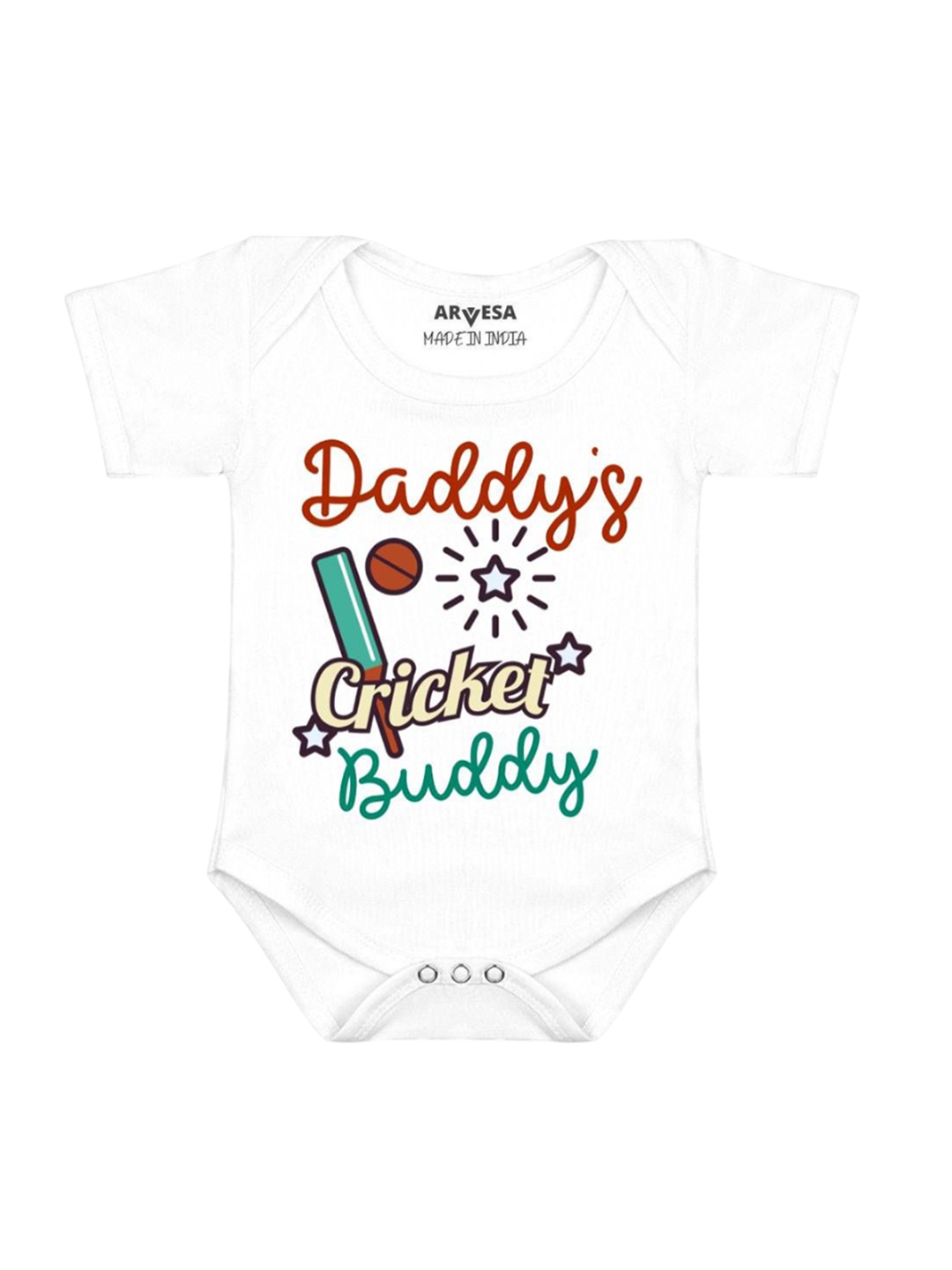 

Arvesa Kids Daddy Cricket Buddy Printed Envelope Neck Short Neck Romper, White