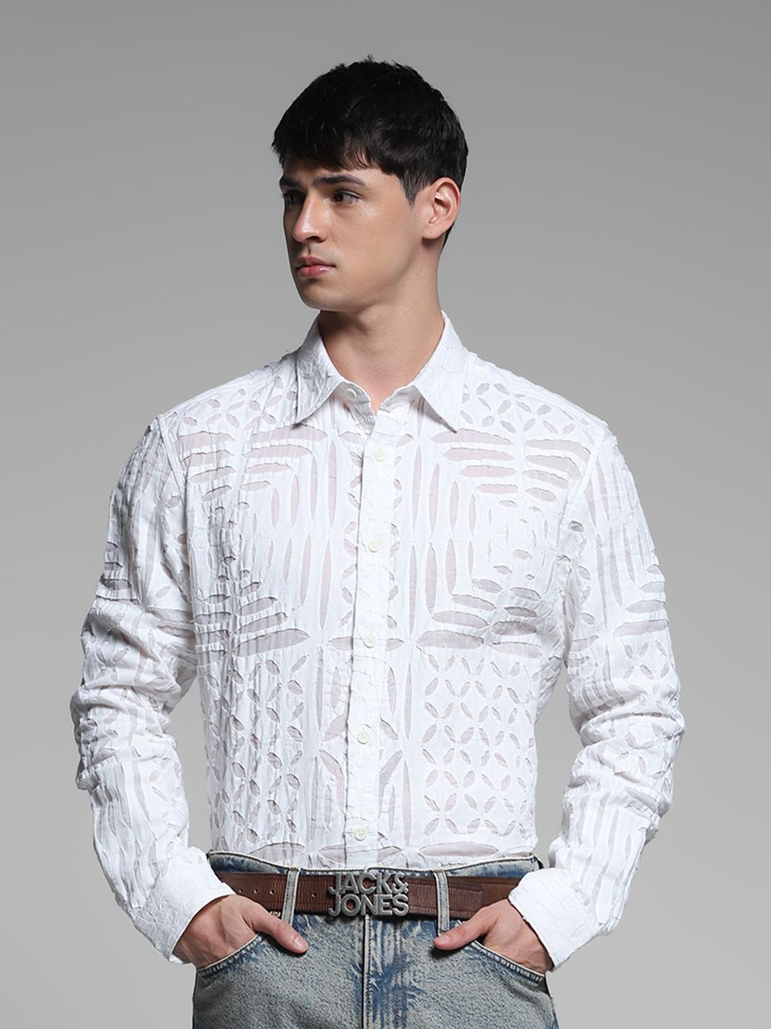 

Jack & Jones Men Semi Sheer Printed Casual Shirt, White