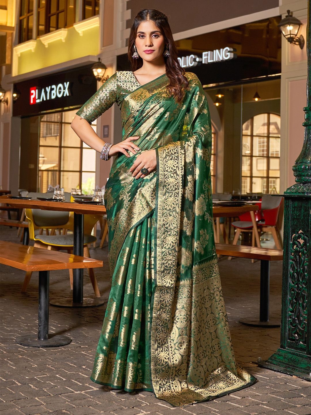 

Mitera Ethnic Motifs Zari Organza Banarasi Saree, Green