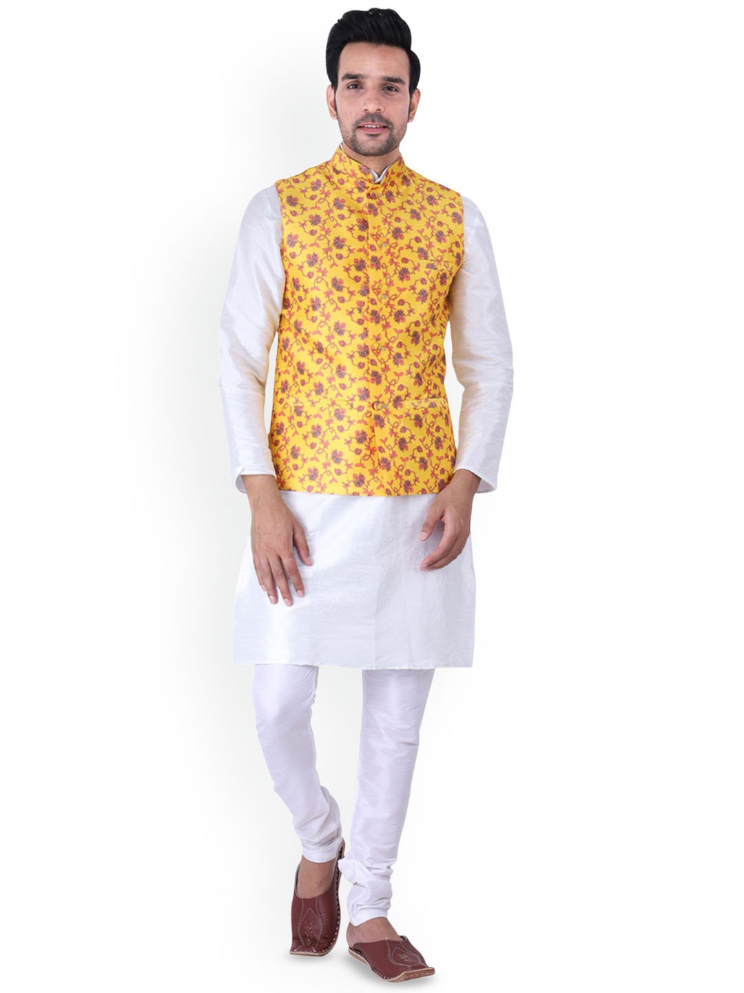 

Sadree Mandarin Collar Dupion Silk Kurta And Churidar With Nehru Jacket Set, White
