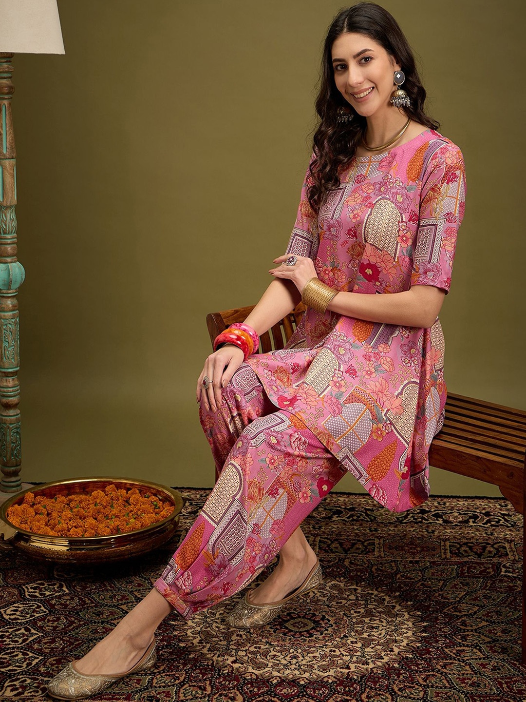 

Sangria Floral Printed Round Neck Top & Trousers, Pink