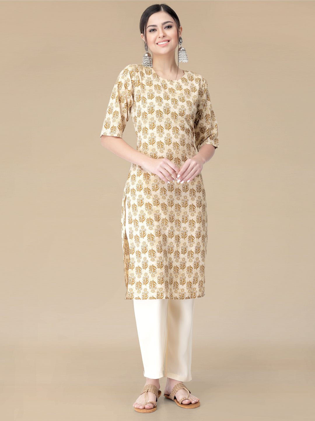 

Moda Rapido Ethnic Motifs Printed Straight Kurta with Trouser, Beige