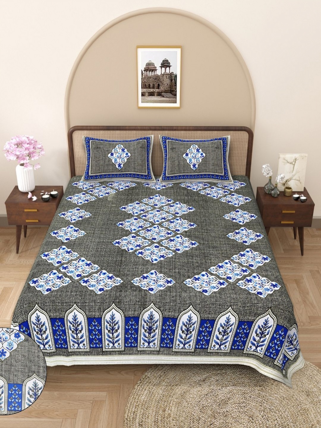 

Butea Crape Grey & Blue Floral Printd Cotton 144 TC King Bedsheet Set 2.40m x 2.15m