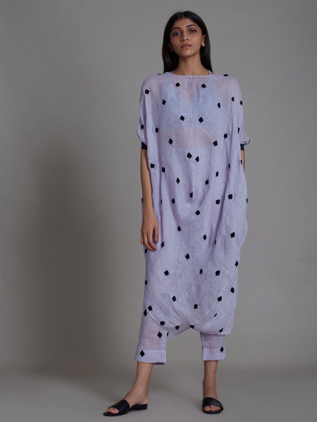 

MATI Print Flared Sleeve Linen A-Line Midi Dress, Lavender