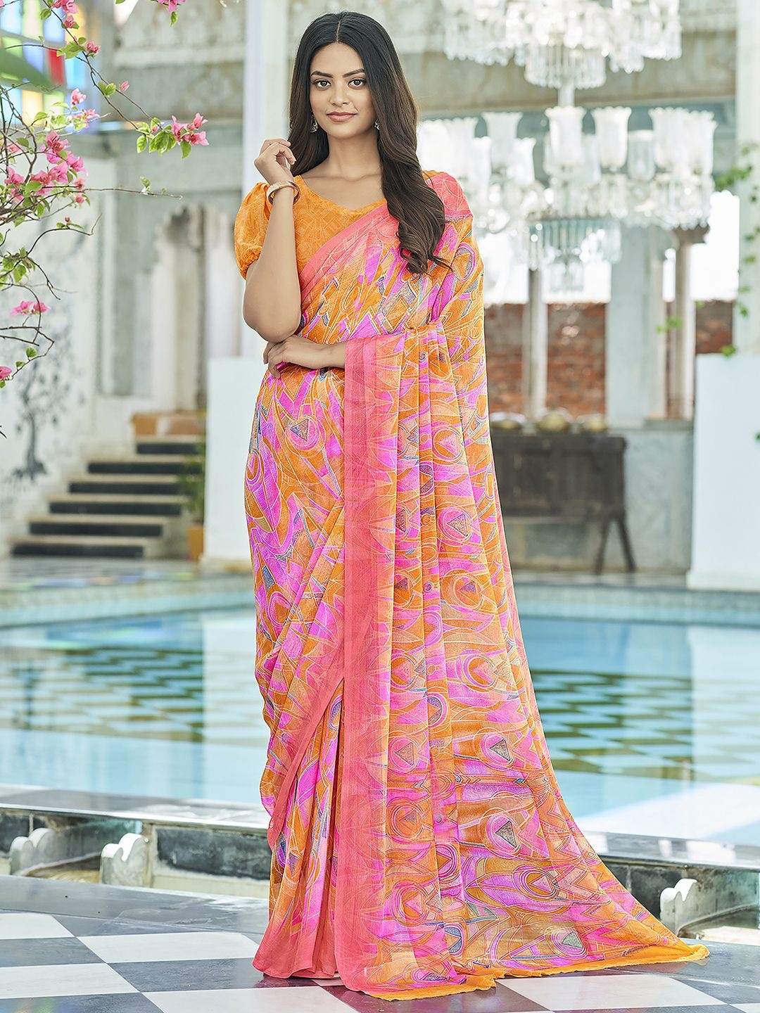 

Mitera Poly Chiffon Dabu Saree, Pink