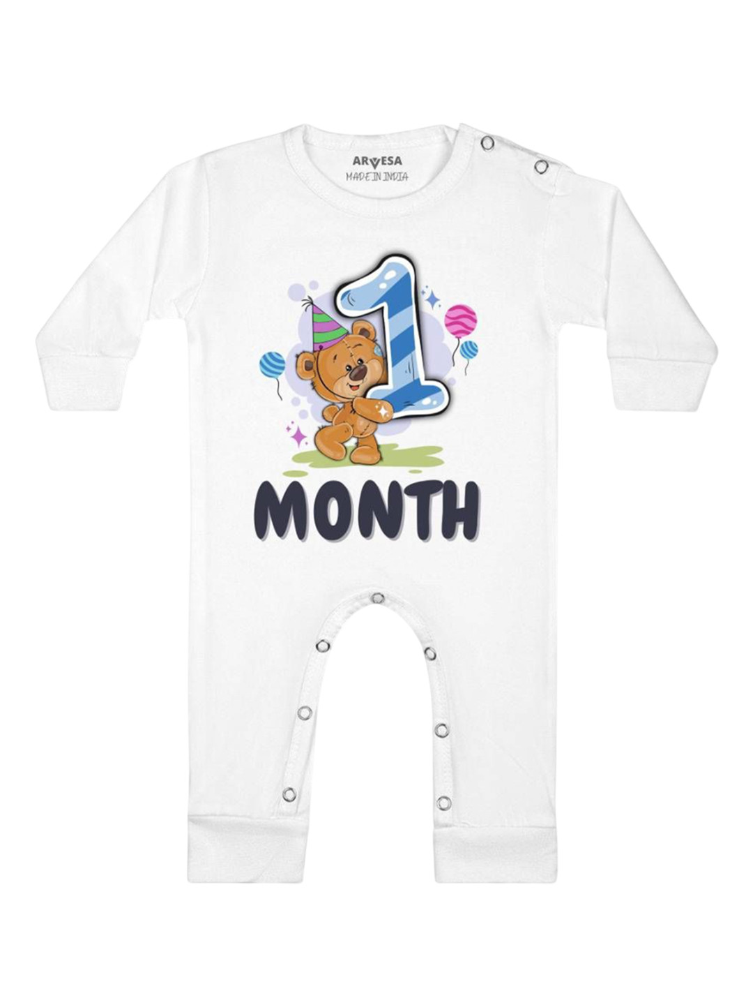 

Arvesa One Month Baby Boy Printed Baby Romper, White