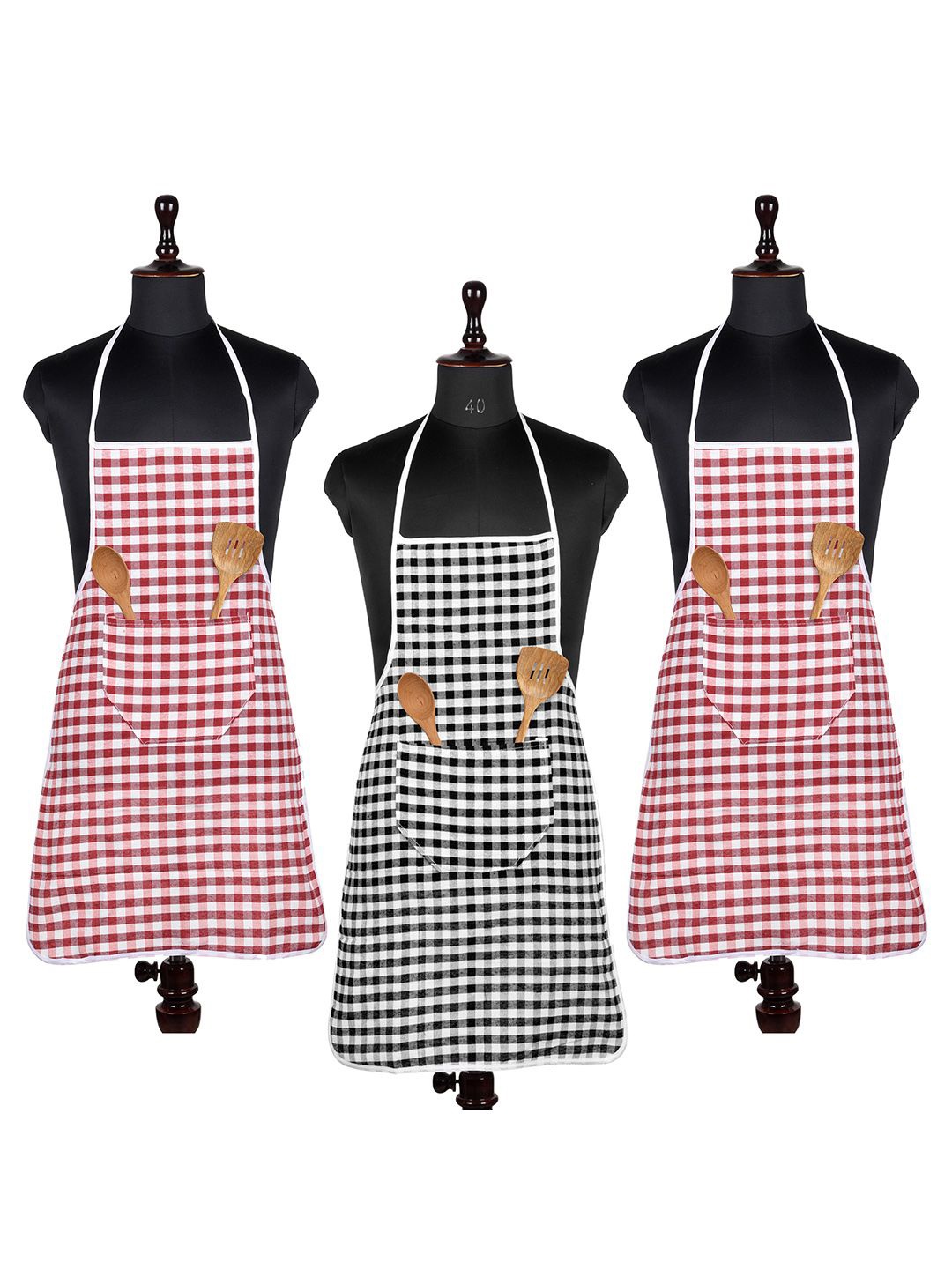 

Kuber Industries White & Red 3 Pieces Checked Cotton Skin Friendly Water Resistant Aprons