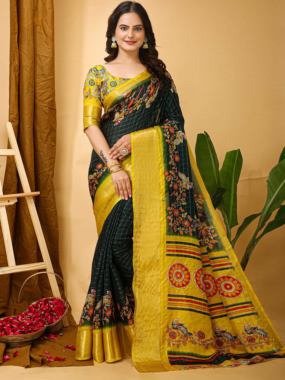 

V3 FASHION STUDIO Ethnic Motifs Zari Art Silk Saree, Green