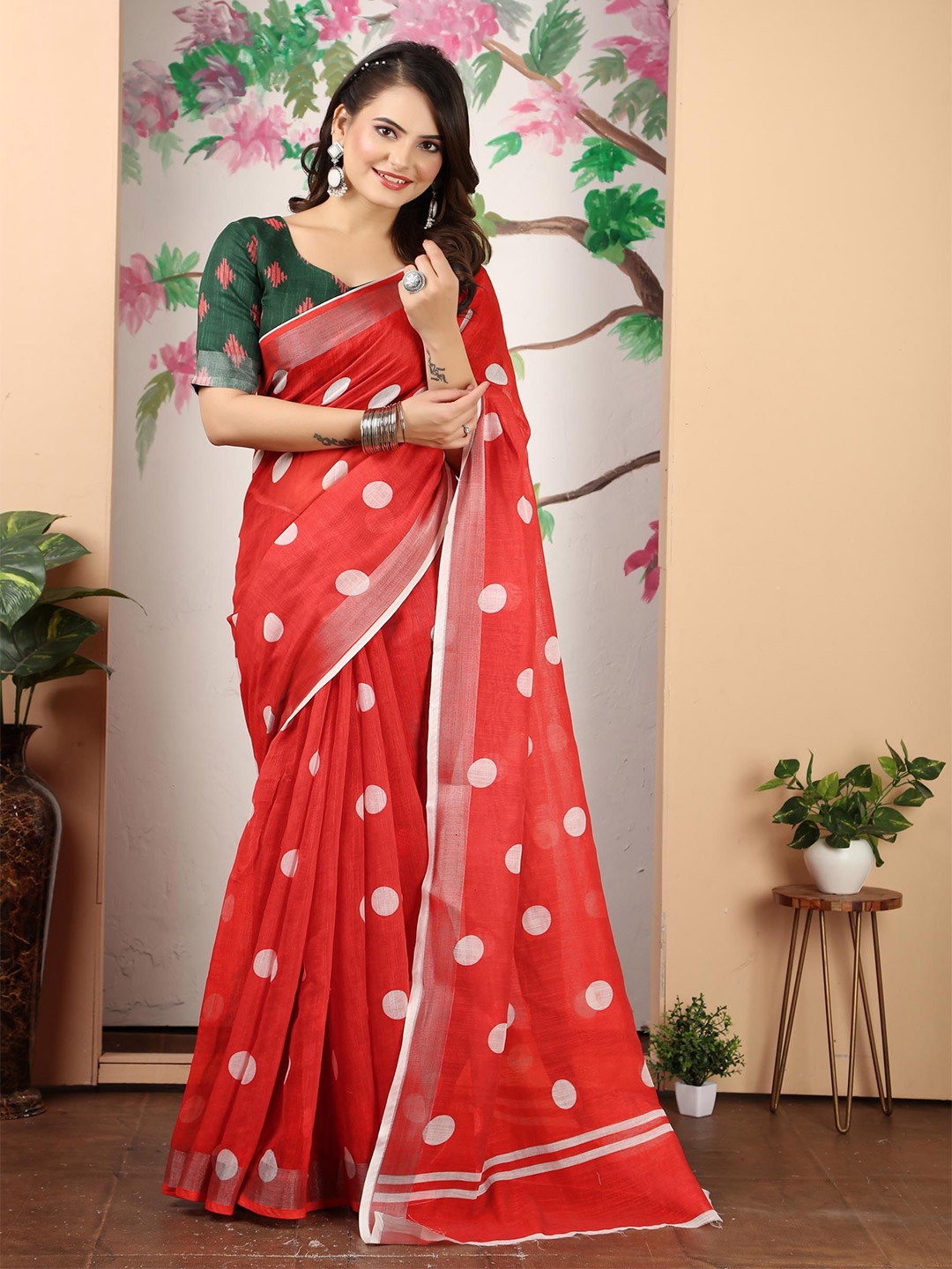 

KALINI Polka Dot Zari Linen Blend Khadi Saree, Red