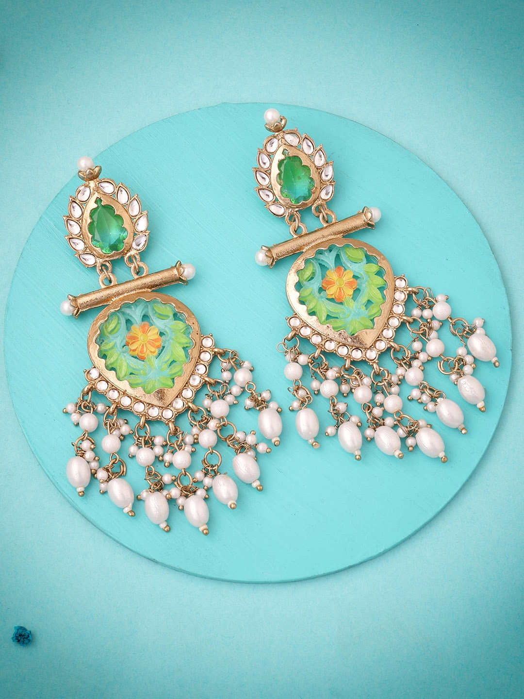 

Lyriss Gold Plated Artificial Beads Diamond Shaped Drop Earrings
