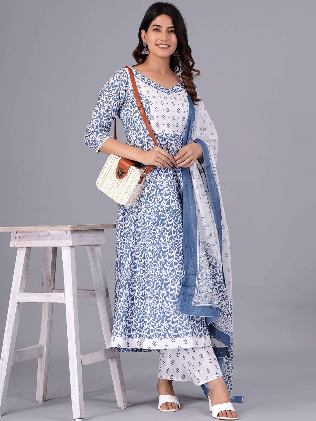 

Moda Rapido Women Ethnic Motifs Regular Sequinned Pure Cotton Kurti with Palazzos & With Dupatta, Blue