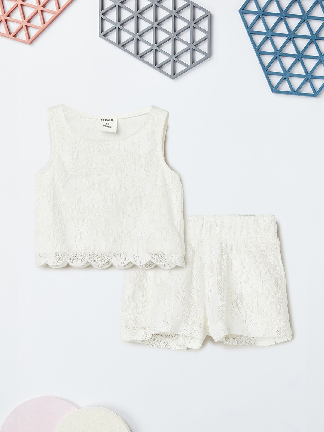 

max Girls Self Design Round Neck Pure Cotton Top With Shorts, White