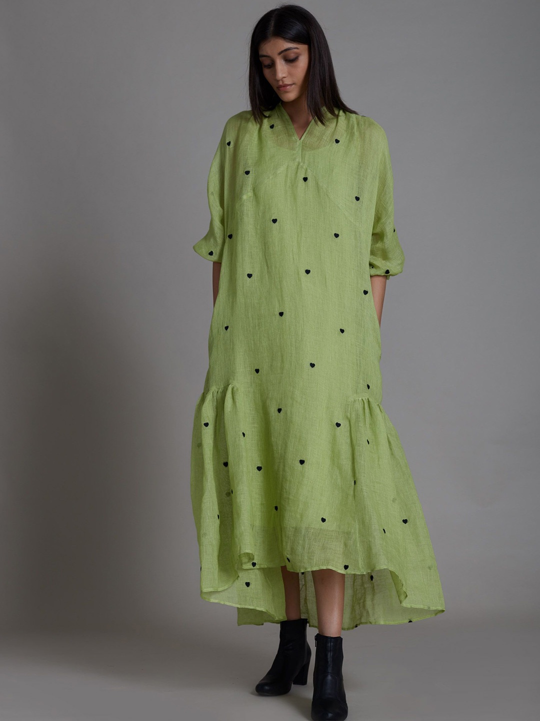 

MATI Print Linen A-Line Midi Dress, Green