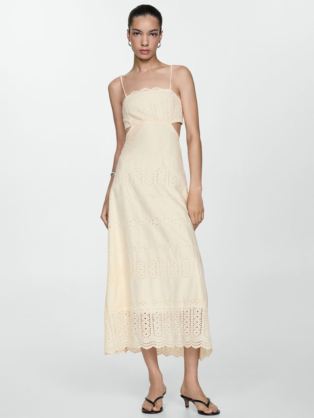 

MANGO Cut-Out Detail Schiffli A-line Dress, Cream