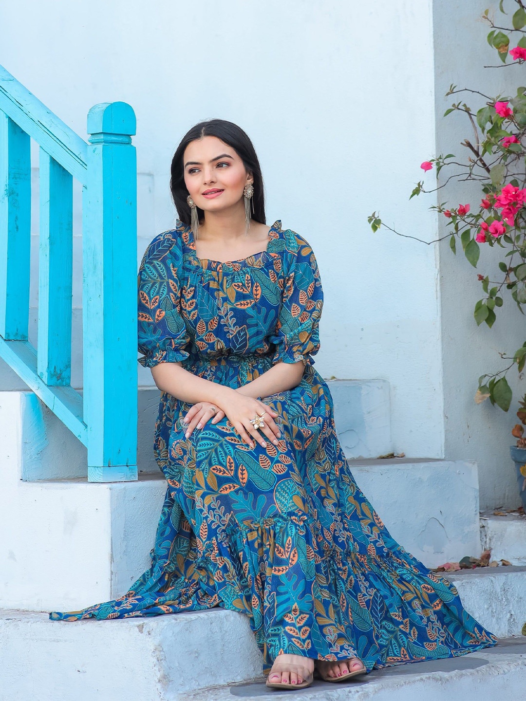 

Krunal Raiyani Floral Print Crepe Fit & Flare Maxi Dress, Blue