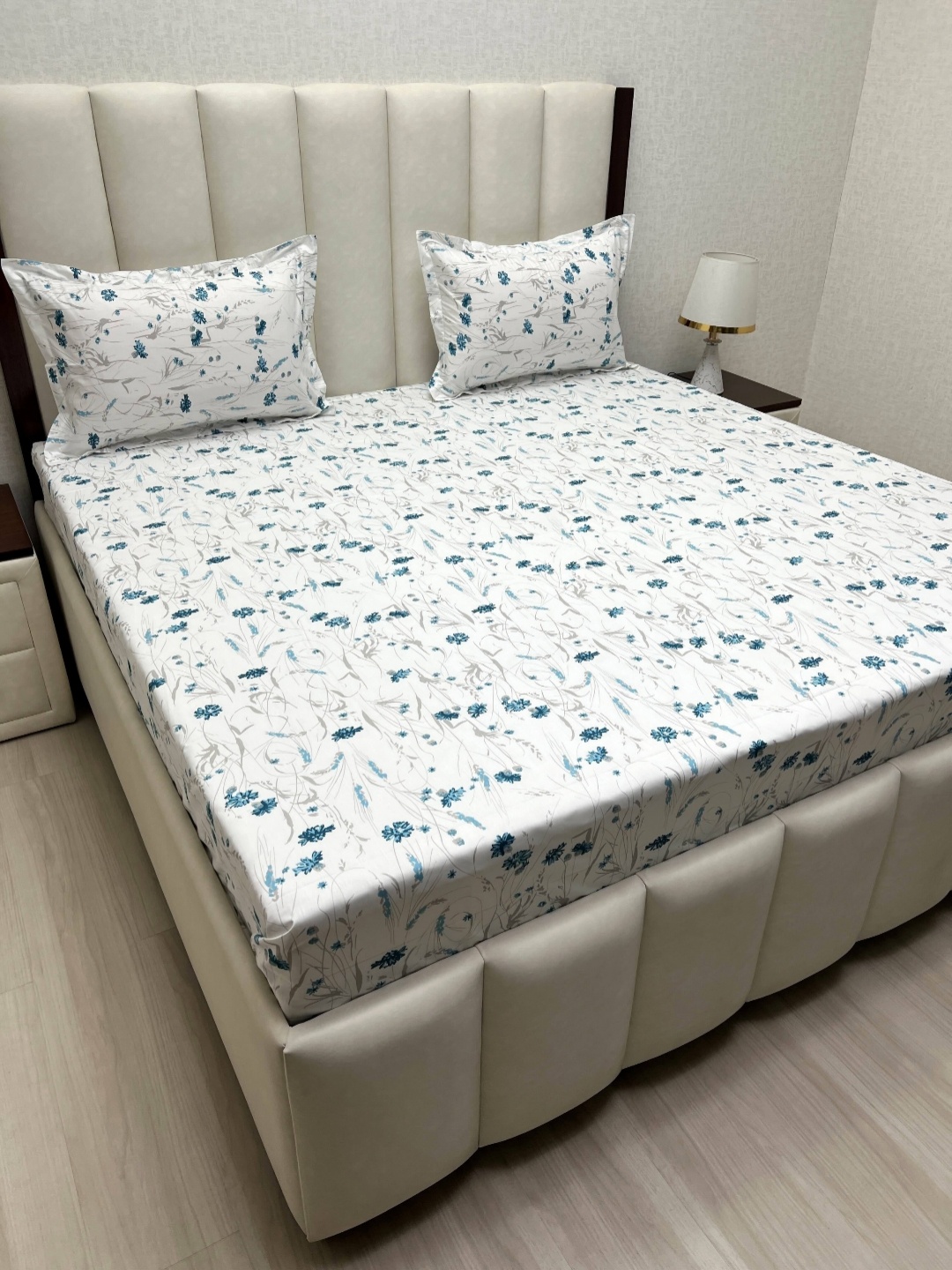 

Pure Decor White & Blue Floral 400 TC King Bedsheet with 2 Pillow Covers