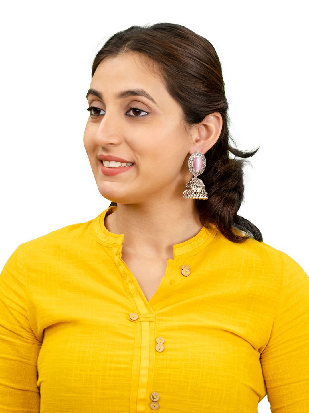 

Shining Jewel - By Shivansh Silver-Plated CZ Studded Dome Shaped Oxidised Jhumkas, Pink