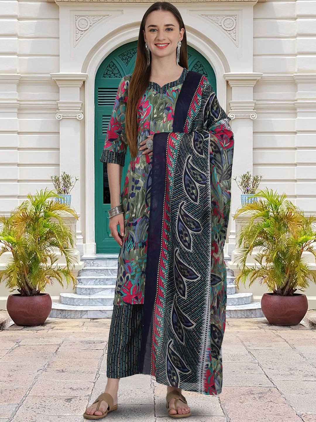 

Moda Rapido Abstract Printed Straight Kurta with Trousers & Dupatta, Navy blue