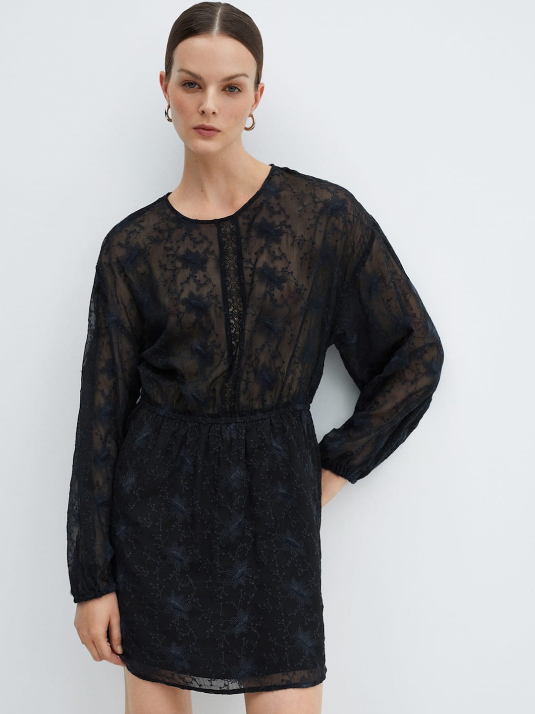 

MANGO Puff Sleeves Lace Inserted A-Line Mini Dress, Black