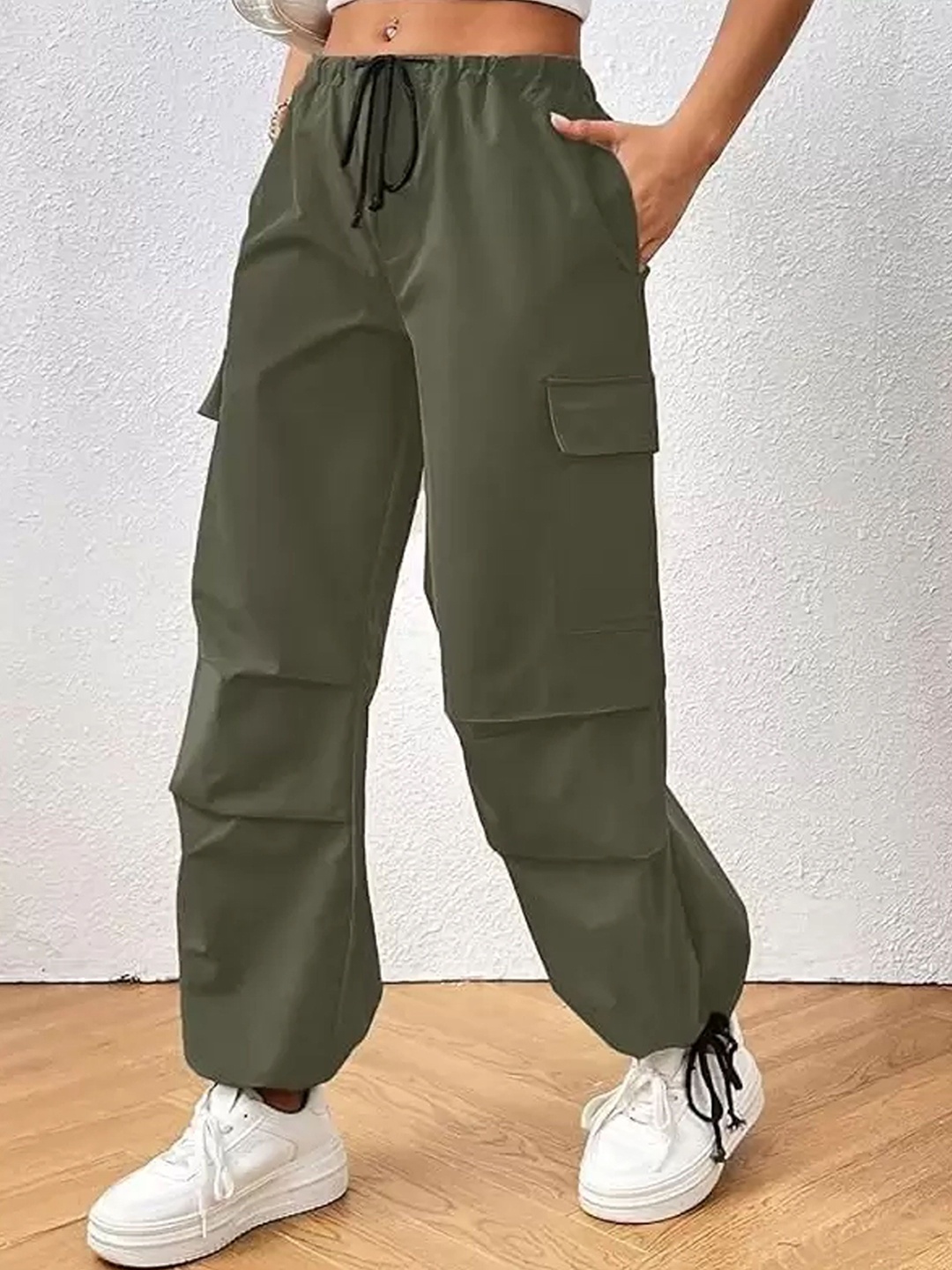 

Fashion2wear Women Loose Fit High-Rise Wrinkle Free Pleated Cargos Trousers, Olive