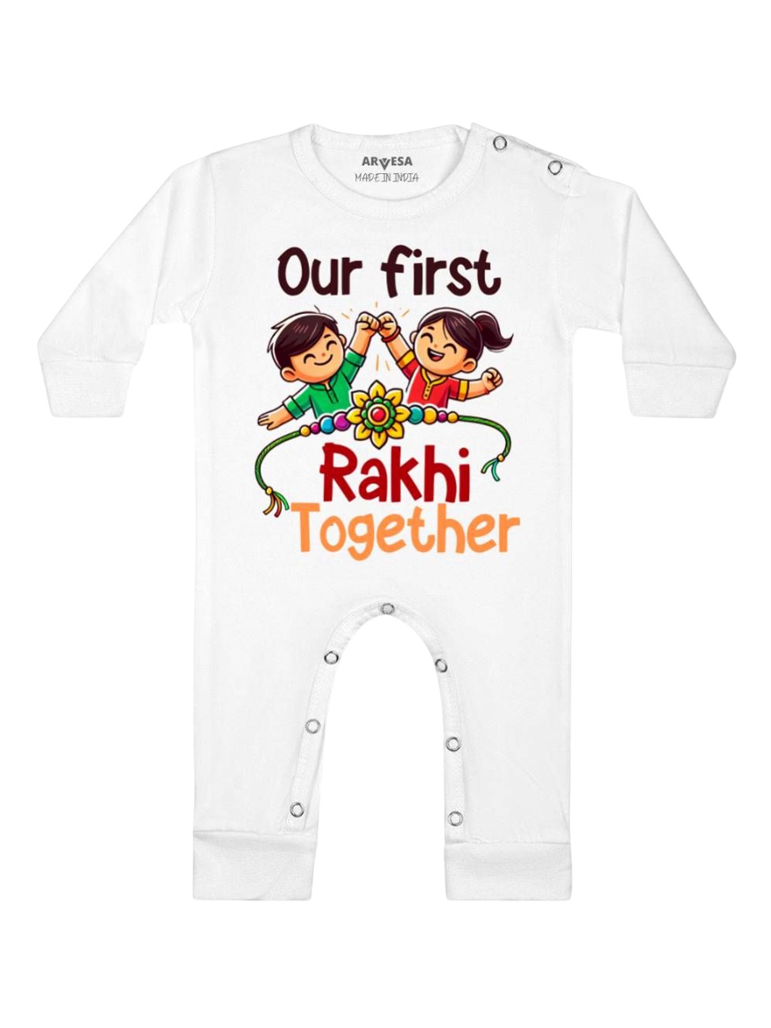 

Arvesa First Rakhi Printed Baby Romper, White