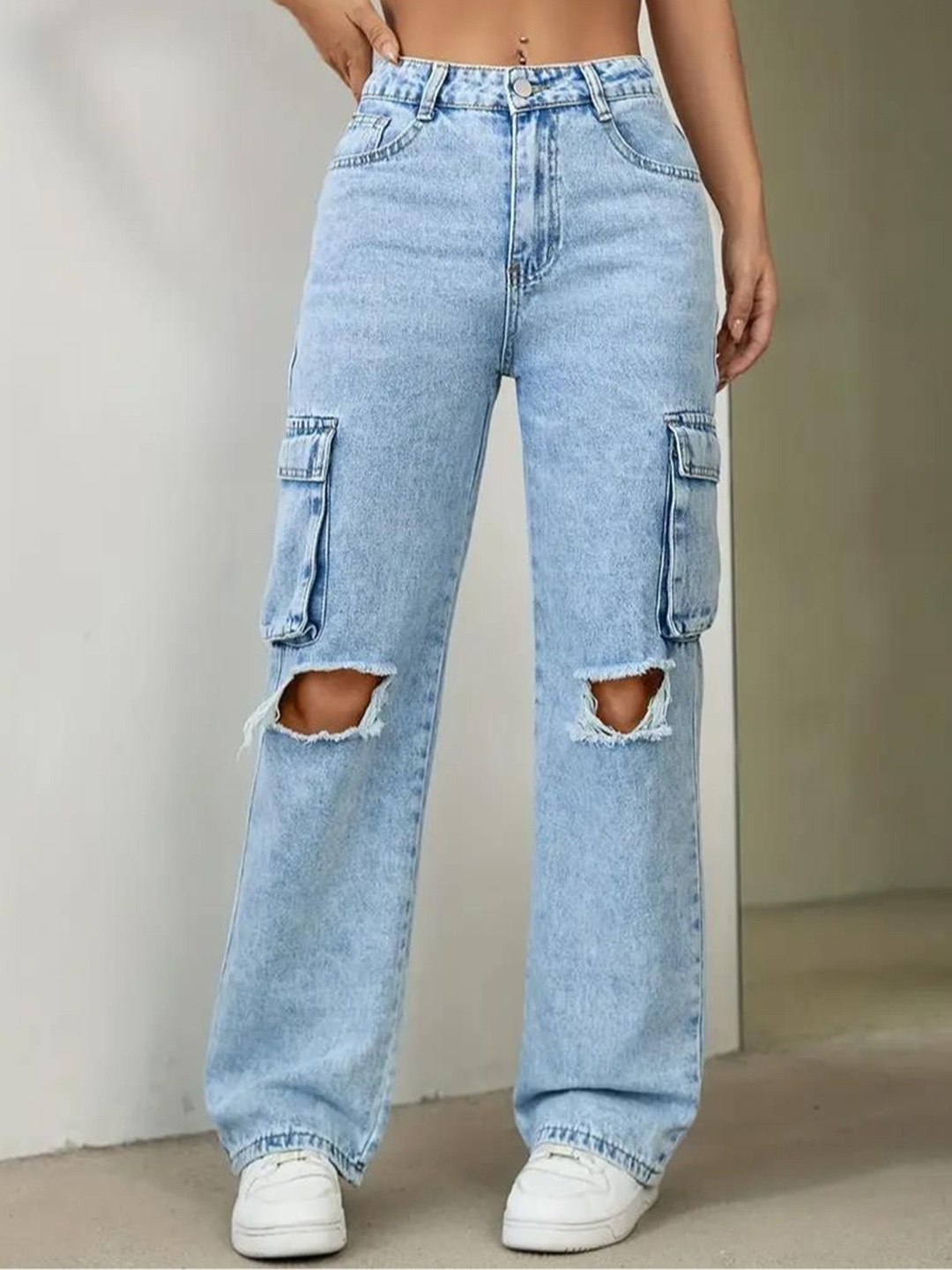 

DressBerry Women Comfort Wide Leg High-Rise Slash Knee Light Fade Acid Wash Stretchable Jeans, Blue
