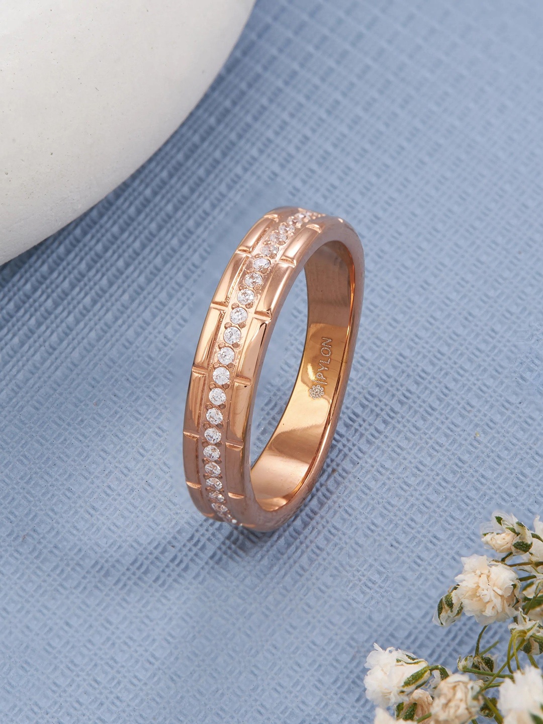 

PYLON Stainless Steel Artificial Stones Studded Finger Ring, Rose gold