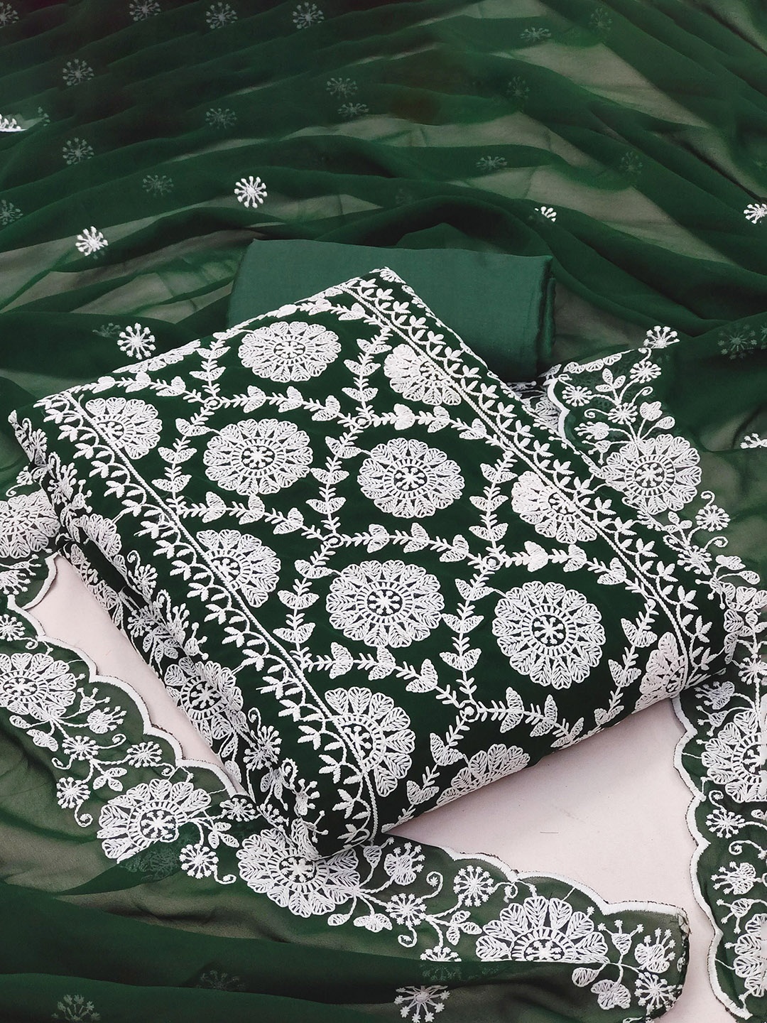 

SAINOOR Floral Embroidered Silk Georgette Semi-Stitched Dress Material, Green