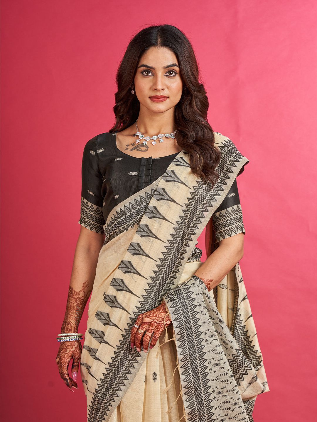 

SARHAFloral Woven Chanderi Saree, Beige