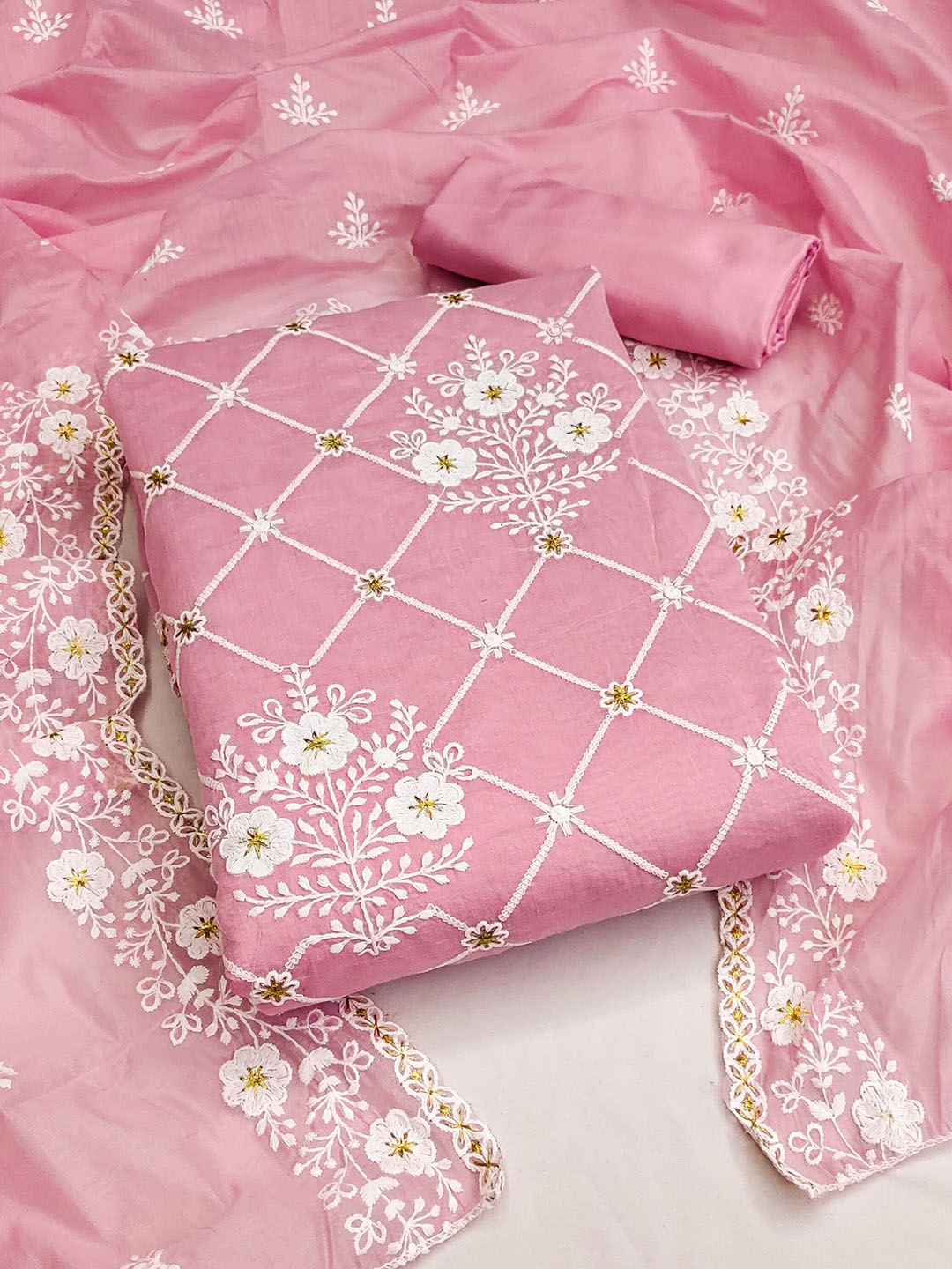 

SAINOOR Floral Embroidered Semi-Stitched Dress Material, Pink