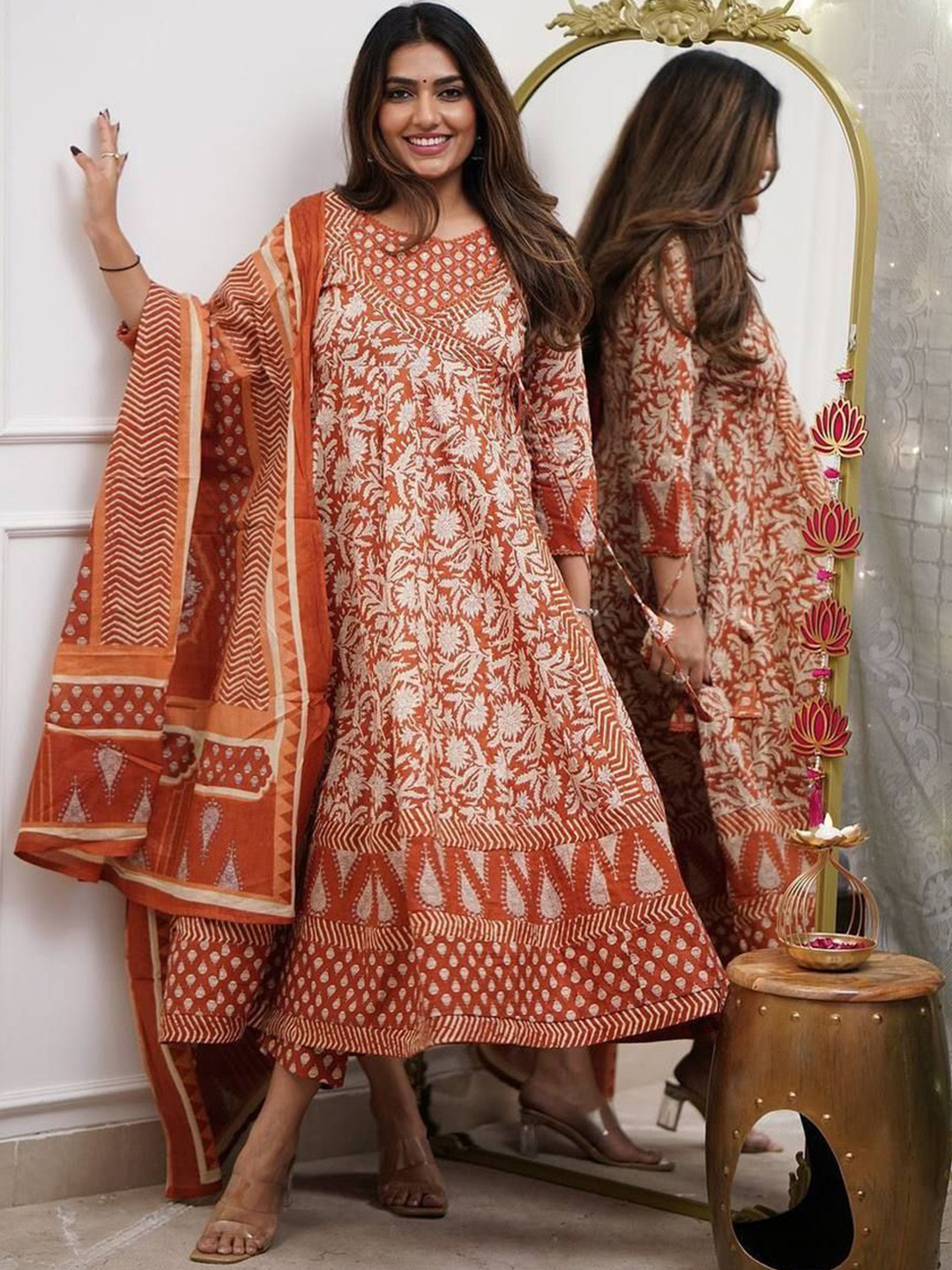 

Bought First Floral Printed Round Neck Anarkali Kurta With Trousers And Dupatta, Orange