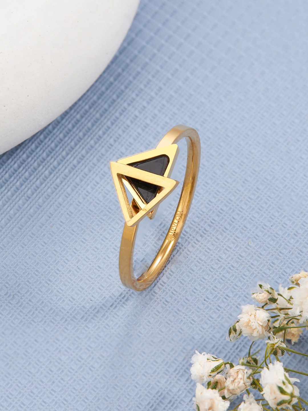 

PYLON Stainless Steel Artificial Stones Studded Finger Ring, Gold