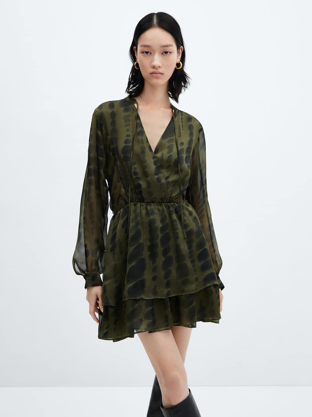 

MANGO Printed Tie-Up Neck Layered Satin Finish Dress, Green