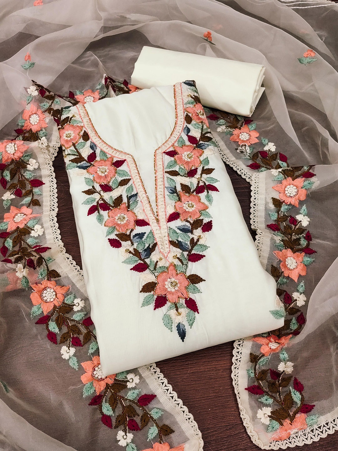 

SAINOOR Embroidered Pure Silk Semi-Stitched Dress Material, Off white
