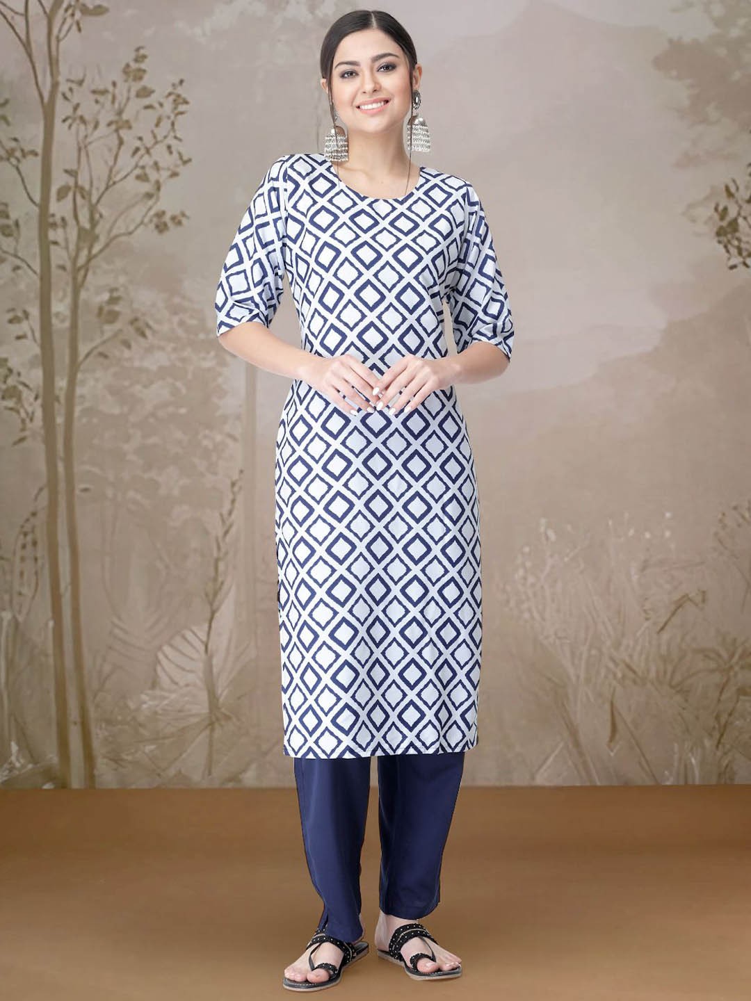 

Moda Rapido Geometric Printed Round Neck Straight Kurta With Trousers, White