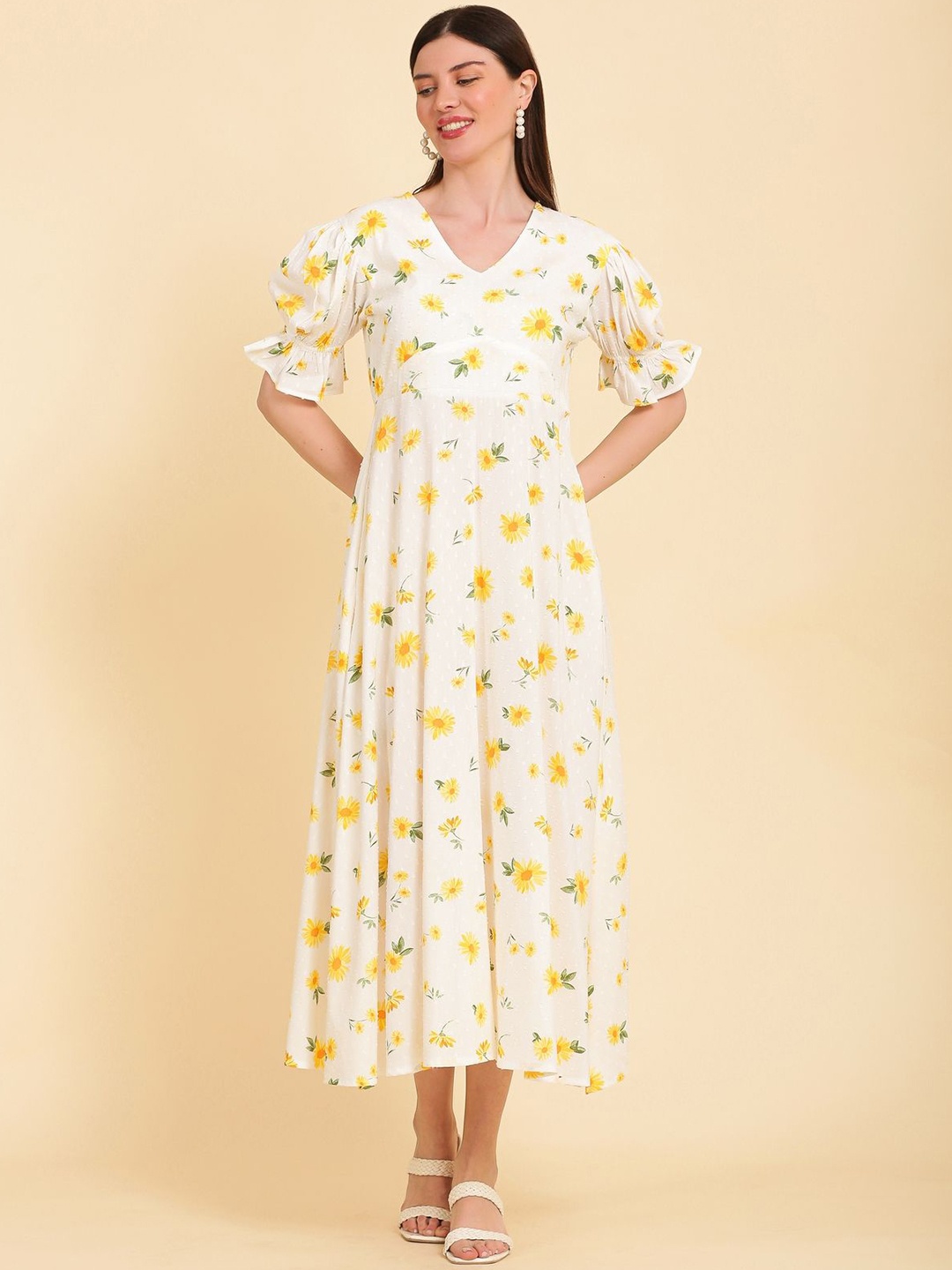 

NOUN Floral Print Puff Sleeve Fit & Flare Maxi Dress, White