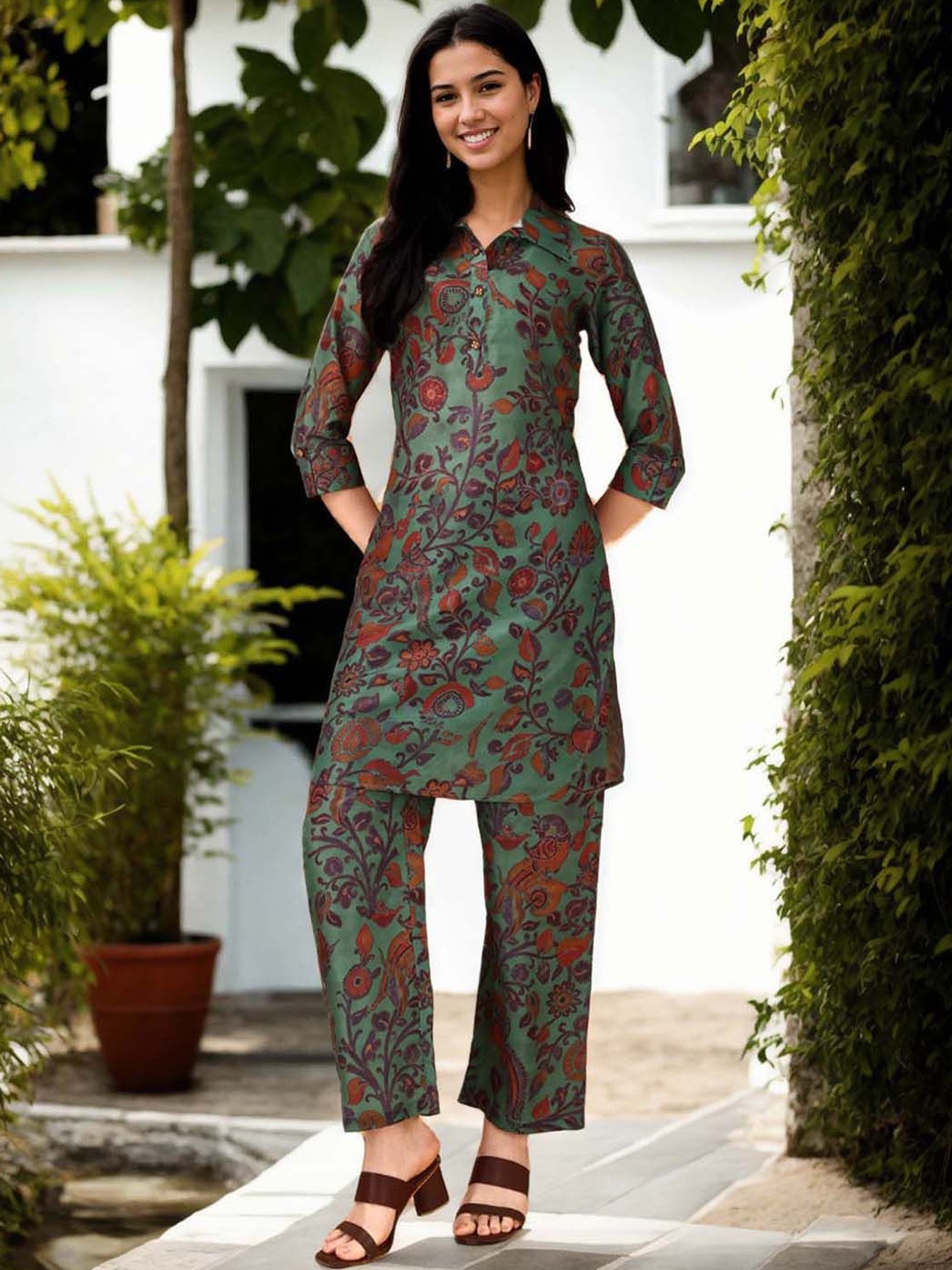 

Anouk Printed Shirt Collar Pure Cotton Tunic And Palazzos, Green